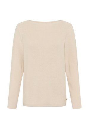 Beige knit sweater with long sleeves, wide neckline, and ribbed texture. Features a small accent button on the lower left side.