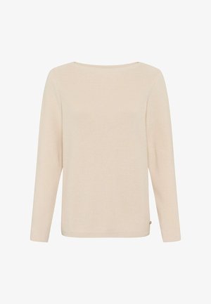 Pull en tricot beige avec des manches longues, un col large et une texture côtelée. Présente un petit bouton décoratif sur le côté inférieur gauche.
