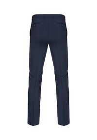 Granatowe, dopasowane spodnie o eleganckim kroju, z dwoma tylnymi kieszeniami i gładką strukturą materiału. Prosty krój nogawki.