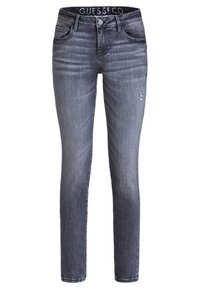 Vaqueros ajustados grises con un ligero desgaste y un pequeño detalle desgastado en el muslo derecho, cierre frontal con botón y cremallera.