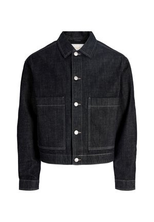 Black denim jacket with front button closure, two large front pockets, a collar, and long sleeves.