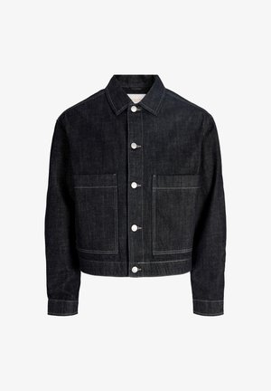 Black denim jacket with front button closure, two large front pockets, a collar, and long sleeves.