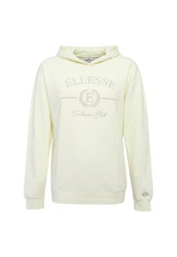 Felpa con cappuccio giallo chiaro in tessuto morbido, con maniche lunghe, tasca a marsupio e logo centrale grigio. Polsini e orlo a coste.