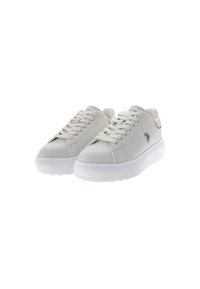 Białe syntetyczne sneakersy o gładkim wykończeniu, okrągłym nosku i sznurówkach. Posiadają subtelne logo marki oraz amortyzowaną białą podeszwę.