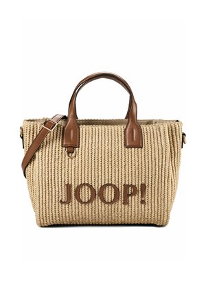 Borsa tote beige intrecciata con manici e rifiniture in pelle marrone, con tracolla regolabile e logo "JOOP!" ricamato sul davanti.