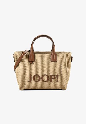 Beżowa pleciona torba typu tote z brązowymi skórzanymi uchwytami i wykończeniem, z regulowanym paskiem na ramię oraz wyszywanym logo "JOOP!" z przodu.