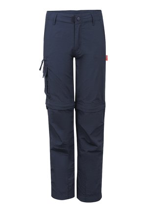 Marineblaue Zip-Off-Cargohosen mit Knopfverschluss, seitlicher Tasche mit Reißverschluss und verstellbaren, abnehmbaren unteren Beinabschnitten.