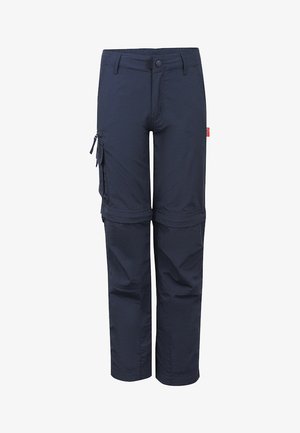 Navy blue zip-off cargo pants with button closure, side pocket with zipper, and adjustable removable lower leg sections.