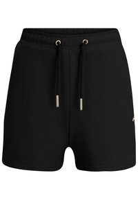 Shorts noirs en tissu doux avec une taille élastique, un cordon de serrage avec embouts métalliques et un petit logo sur le côté inférieur.