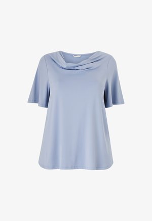 Lys blå kortærmet top med en draperet cowl-udskæring og en afslappet pasform. Fremstillet af blødt, fleksibelt materiale med en glat tekstur.