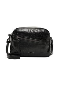 Borsa a tracolla nera in pelle di coccodrillo con tasca frontale con zip e tracolla regolabile. Presenta materiale sintetico lucido e dettagli con logo.
