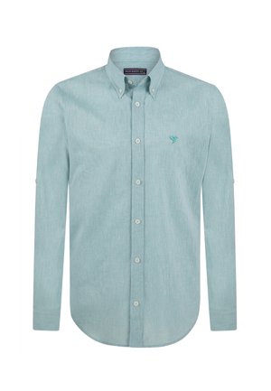 Camisa de botón de manga larga azul clara, tejido texturizado, dobladillo redondeado, bordado de logotipo en el pecho, cuello estándar, puño con botón.