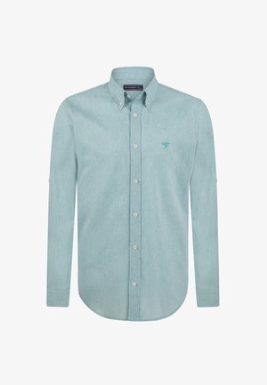 Camicia button-up a maniche lunghe di colore blu chiaro, tessuto texture, orlo arrotondato, ricamo del logo sul petto, colletto standard, polsini a bottoni.