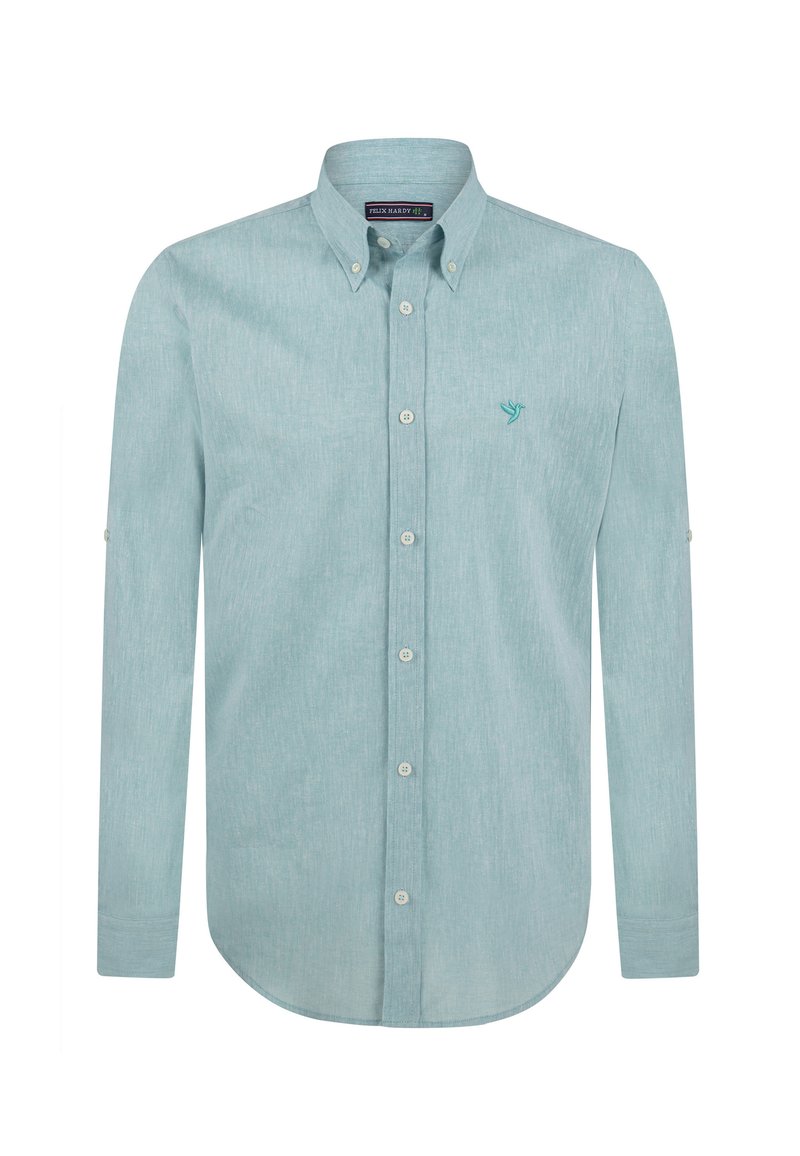Camisa de botón de manga larga azul clara, tejido texturizado, dobladillo redondeado, bordado de logotipo en el pecho, cuello estándar, puño con botón.