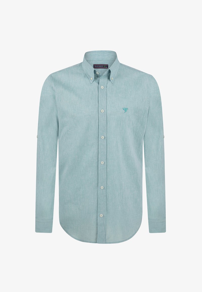 Lyseblå langærmet skjorte med knapper, struktureret stof, rundet kant, enkelt brystlogo broderi, klassisk krave, knapmanchet.