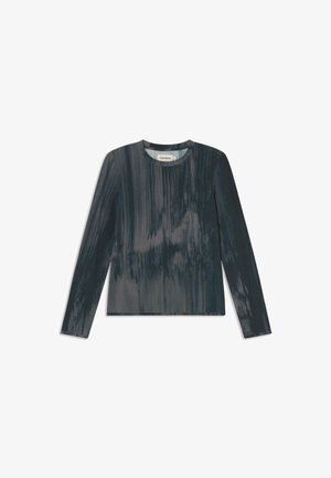 Long-sleeve crewneck top with a dark gray and blue watercolor pattern, featuring a smooth texture and straight hem. Soft fabric composition.