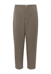 Pantalon marron à jambes droites avec passants de ceinture, plis à l'avant et poches latérales, présenté sur un fond blanc.