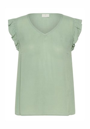 Top sin mangas de color verde claro con escote en V y mangas de volantes, hecho de una tela suave y lisa con un corte holgado y sin patrones.