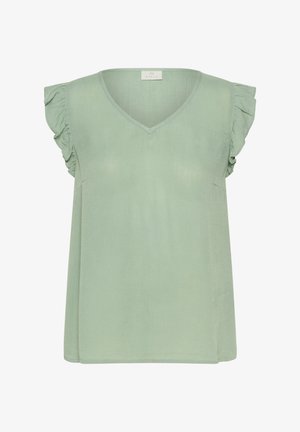 Svijetlozelena majica bez rukava s V-izrezom i naboranim kapicama, izrađena od mekog, glatkog materijala s lepršavim krojem i bez uzoraka.