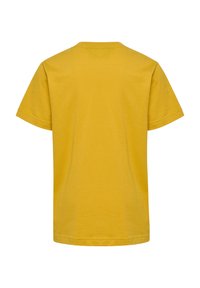 Gul bomulds T-shirt med korte ærmer og rund hals. Glat tekstur og simpelt design, der har en ensfarvet farve uden mønstre.