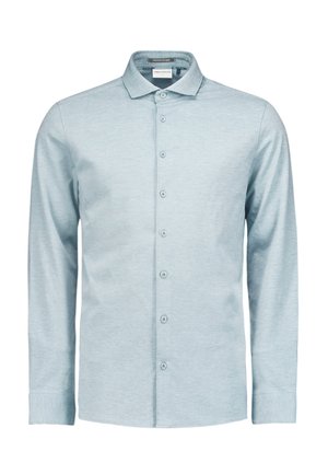 Lichtblauw langemouwenhemd met een kraag, knoopsluiting aan de voorkant en textuurstof. Standaard pasvorm met knoopmanchetten.