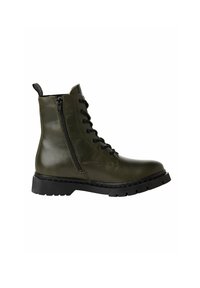 Stivaletto in pelle verde oliva con lacci frontali, zip laterale e suola nera robusta. Presenta dettagli cuciti e una linguetta per il tiro.