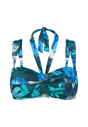 Kwiatowy stanik bikini w niebiesko-zielonych odcieniach. Posiada skręconą przednią część, regulowane ramiączka oraz złote okucia na plecach.