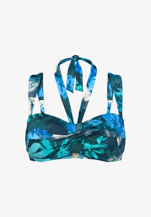 Kwiatowy stanik bikini w niebiesko-zielonych odcieniach. Posiada skręconą przednią część, regulowane ramiączka oraz złote okucia na plecach.