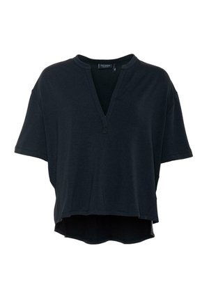 Top corto a maniche corte in cotone nero con scollatura a V, vestibilità rilassata e orlo curvo. Presenta un piccolo dettaglio con bottone frontale e una texture morbida.