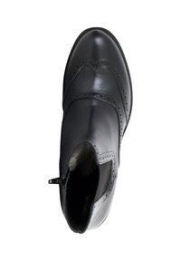 Stivaletto in pelle nera con dettagli brogue, texture liscia, zip laterale e punta rotonda. L'interno presenta il marchio Geox.