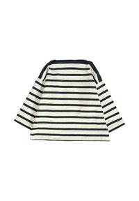 Haut à manches longues rayé en crème et bleu marine. Matière en coton avec une coupe décontractée et un col contrasté. Rayures horizontales sur l'ensemble.