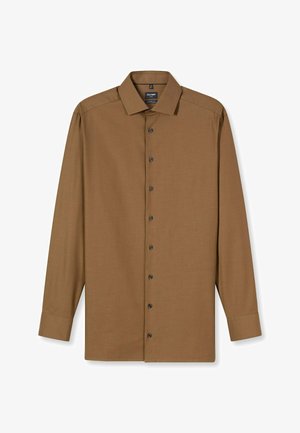 Braunes Langarmhemd mit Knopfkragen, schwarzen Knöpfen und einem glatten, strukturierten Stoff. Schmale Passform und einzelne Manschetten.
