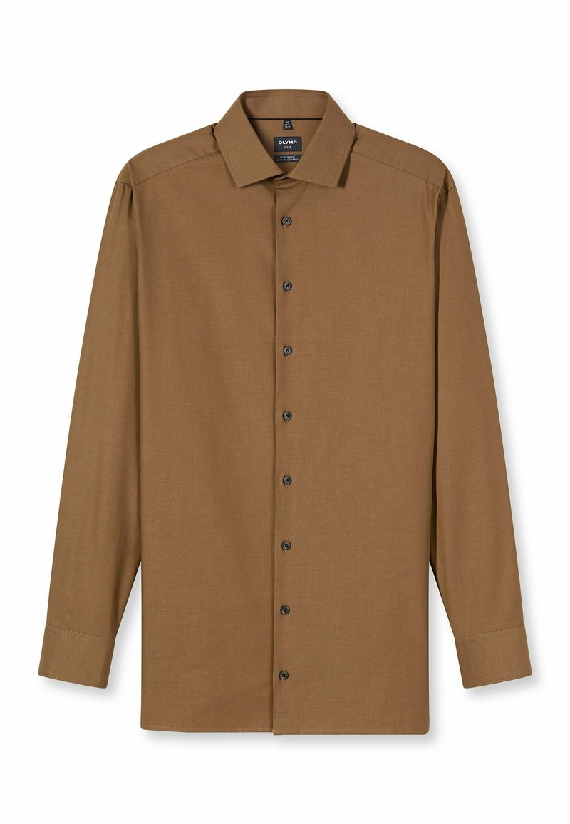 Braunes Langarmhemd mit Knopfkragen, schwarzen Knöpfen und einem glatten, strukturierten Stoff. Schmale Passform und einzelne Manschetten.
