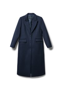 Marineblauer Wollmischungen-Mantel mit Reverskragen, zwei vorderen Taschen, Ein-Knopf-Verschluss und einem glatten Innenfutter.