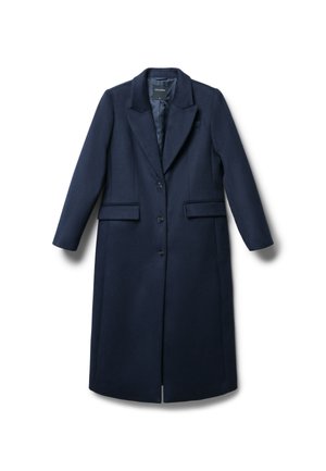 Marineblauer Wollmischungen-Mantel mit Reverskragen, zwei vorderen Taschen, Ein-Knopf-Verschluss und einem glatten Innenfutter.