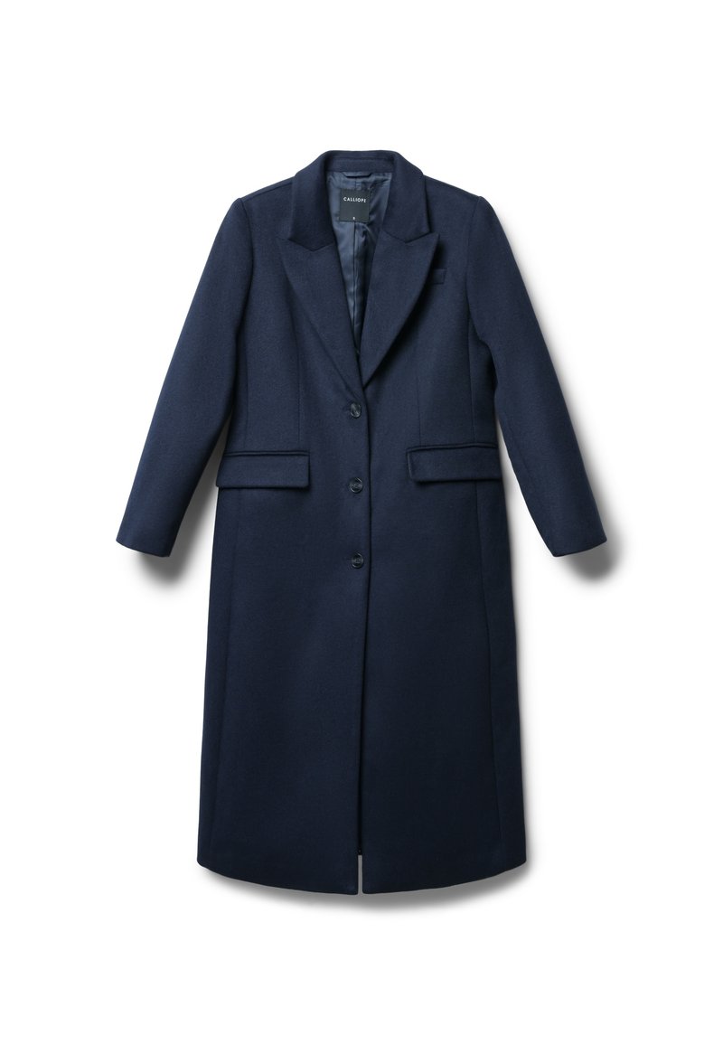 Marineblauer Wollmischungen-Mantel mit Reverskragen, zwei vorderen Taschen, Ein-Knopf-Verschluss und einem glatten Innenfutter.