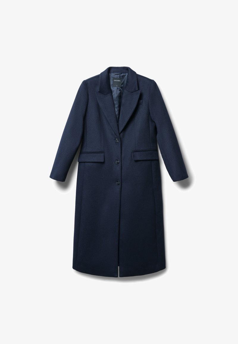 Marineblauer Wollmischungen-Mantel mit Reverskragen, zwei vorderen Taschen, Ein-Knopf-Verschluss und einem glatten Innenfutter.