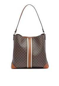 Bruine schoudertas met een patroon en een soepele leren basis, voorzien van een centrale rits en beige strepen als detail.