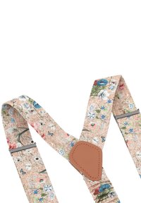 Blumenmuster-Träger mit beigem Hintergrund, verziert mit blauen, rosa und grünen Blumen. Enthält braune Lederakzente und Metallclips.