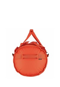 Borsa arancione rotonda realizzata in tessuto resistente. Presenta due manici di trasporto, una tracolla regolabile e un'etichetta con il marchio. Texture liscia.