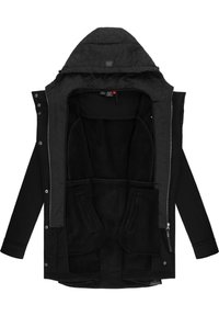 Juodas išorinis jaka su quilted gaubtu. Yra minkštas, pūkuotas pamušalas, užtrauktuko uždarymas ir dvi priekinės kišenės. Tekstūruotas audinio raštas.