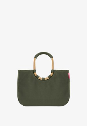 Olivgrüne Stoff-Tasche mit strukturierter Form, ausgestattet mit einem runden, goldfarbenen Griff und einem auffälligen seitlichen Logodetail.