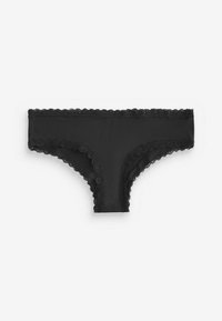Zwarte vrouwenonderbroek met kantafwerking, gemaakt van een zachte stof, met een gladde afwerking en decoratieve randen langs de tailleband en beenopeningen.
