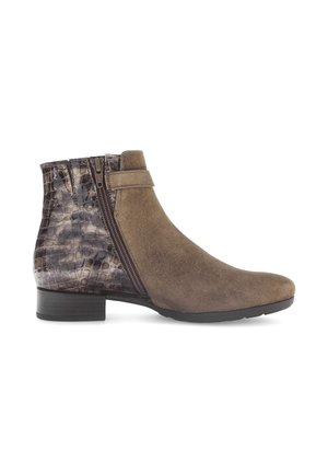 Brown suede ankle boot with a textured faux-crocodile panel, side zipper, and low block heel. Smooth finish with contrasting patterns.