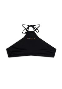 Musta halterneck-mallinen toppi joustavasta kankaasta, jossa on solmittava kaula-aukko ja elastinen helma. Siinä on värikäs timanttikoristeinen logo "FREDDY."