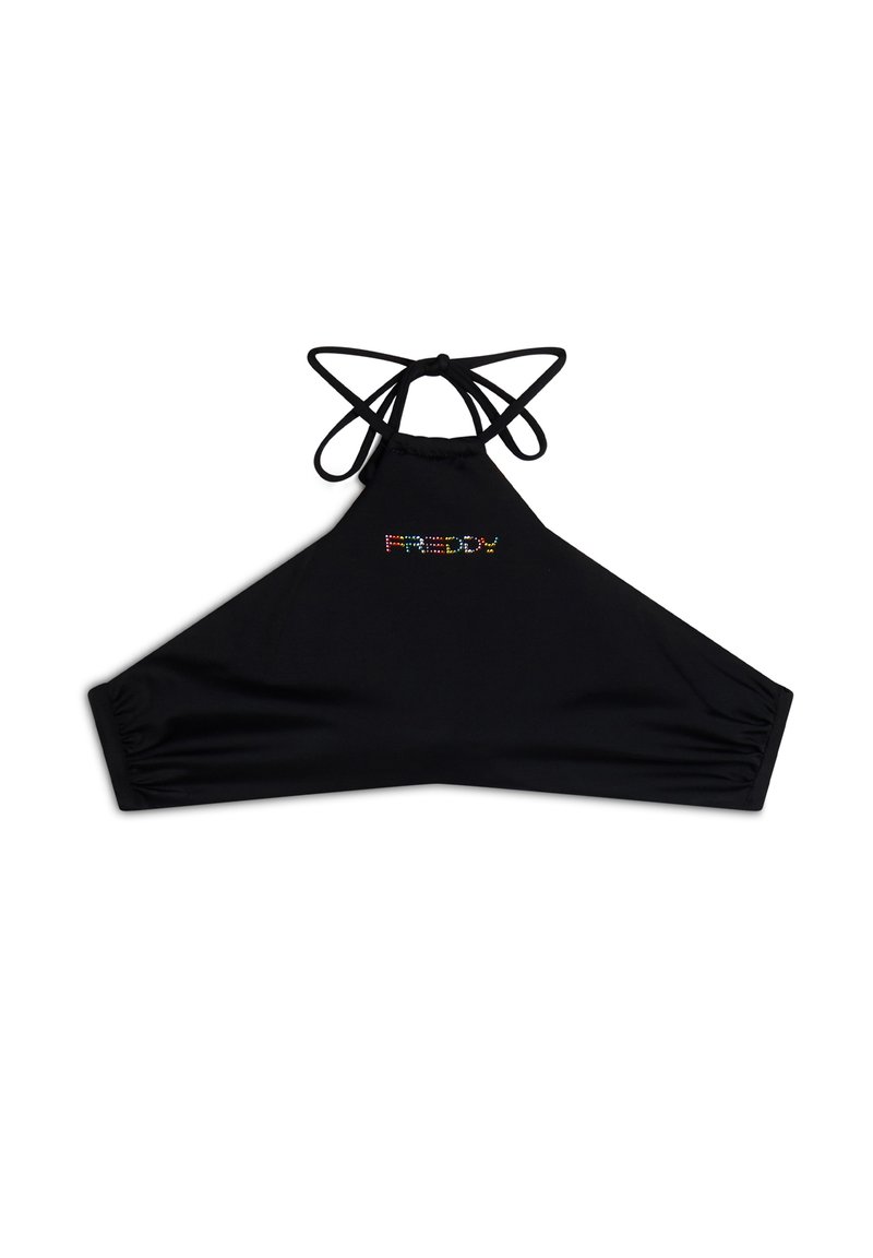 Musta halterneck-mallinen toppi joustavasta kankaasta, jossa on solmittava kaula-aukko ja elastinen helma. Siinä on värikäs timanttikoristeinen logo "FREDDY."