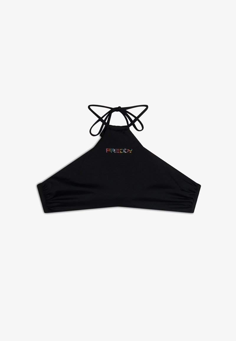 Schwarzer Halter-Top aus Stretchstoff mit gebundenem Nacken und elastischem Saum. Mit buntem Strass-Logo "FREDDY."