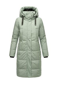 Long, light green puffer coat with a hood, featuring two front pockets and black accents on the cuffs. Smooth texture and quilted design.