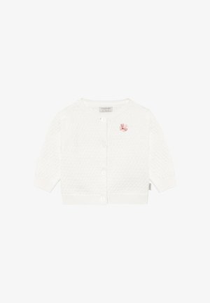 Hvid strikket cardigan med et tekstureret mønster, rund hals, lange ærmer og fem hvide knapper. Lille lyserød floral broderidetalje.