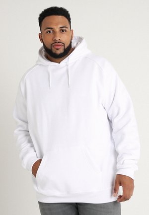 Witte hoodie met een kangoeroezak, ribgebreide manchetten en een relaxte pasvorm. Gemaakt van zacht materiaal met een gladde textuur.
